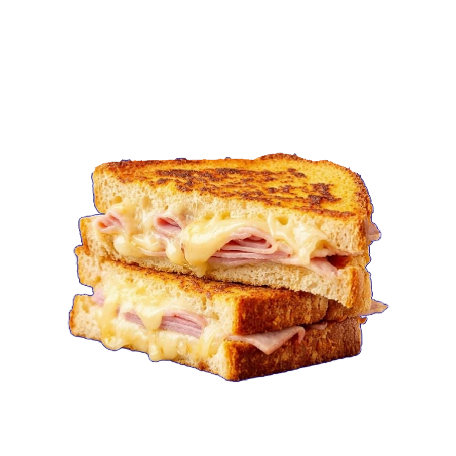 Ham and cheese : deux moitiés de pain grillé avec jambon et fromage fondu
